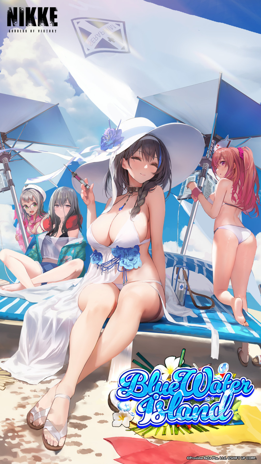 4girls ass bare_shoulders barefoot beach_umbrella bikini black_hair blue_flower blue_shorts blue_sky braid breasts closed_eyes closed_mouth cloud copyright_name cutoffs day denim denim_shorts english_text feet flower foreshortening frima_(nikke) from_behind glasses goddess_of_victory:_nikke green_eyes grey_hair hair_between_eyes hairband hat hat_flower highres holding holding_syringe indian_style kneepits leaning_forward mary_(nikke) multicolored_hair multiple_girls neon_(nikke) official_art outdoors pepper_(nikke) pink_eyes pink_hair red-framed_eyewear sandals see-through semi-rimless_eyewear shorts sitting sky soles streaked_hair sun_hat swimsuit syringe thighs umbrella white_bikini white_hairband white_headwear