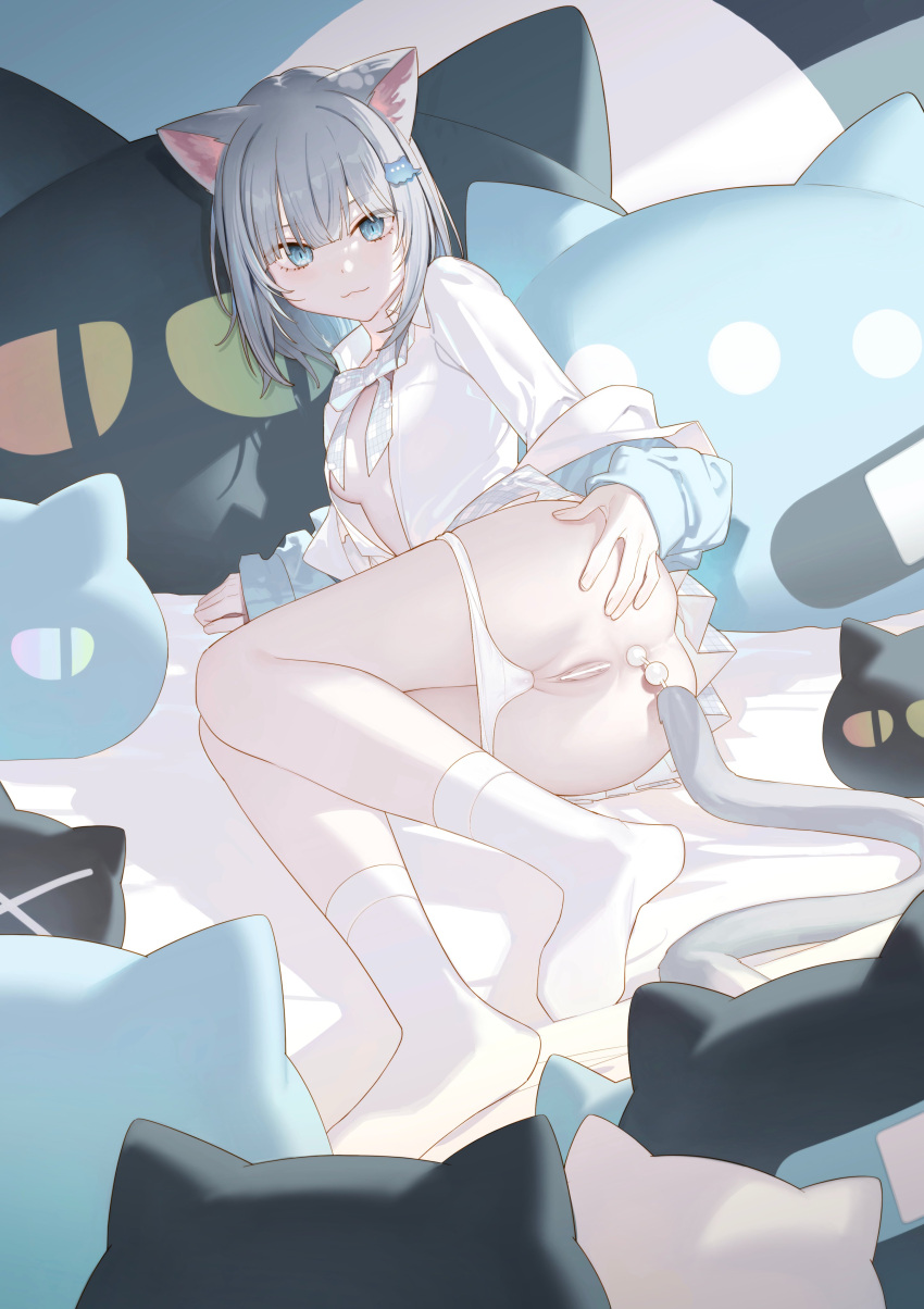 1girl :3 absurdres anal anal_object_insertion anal_tail animal_ears ass bar_censor blue_eyes blue_jacket blush bow bowtie breasts cat_ears cat_pillow cat_tail censored clothes_down commentary_request eyebrows_hidden_by_hair fake_tail full_body grey_hair hand_on_own_ass highres indie_virtual_youtuber jacket looking_at_viewer lying medium_hair nachoneko object_insertion on_side open_clothes open_shirt panties panty_pull paw_hair_ornament pussy shirt slit_pupils small_breasts smile socks solo stuffed_toy tail underwear unti_no_azi virtual_youtuber white_panties white_shirt white_socks