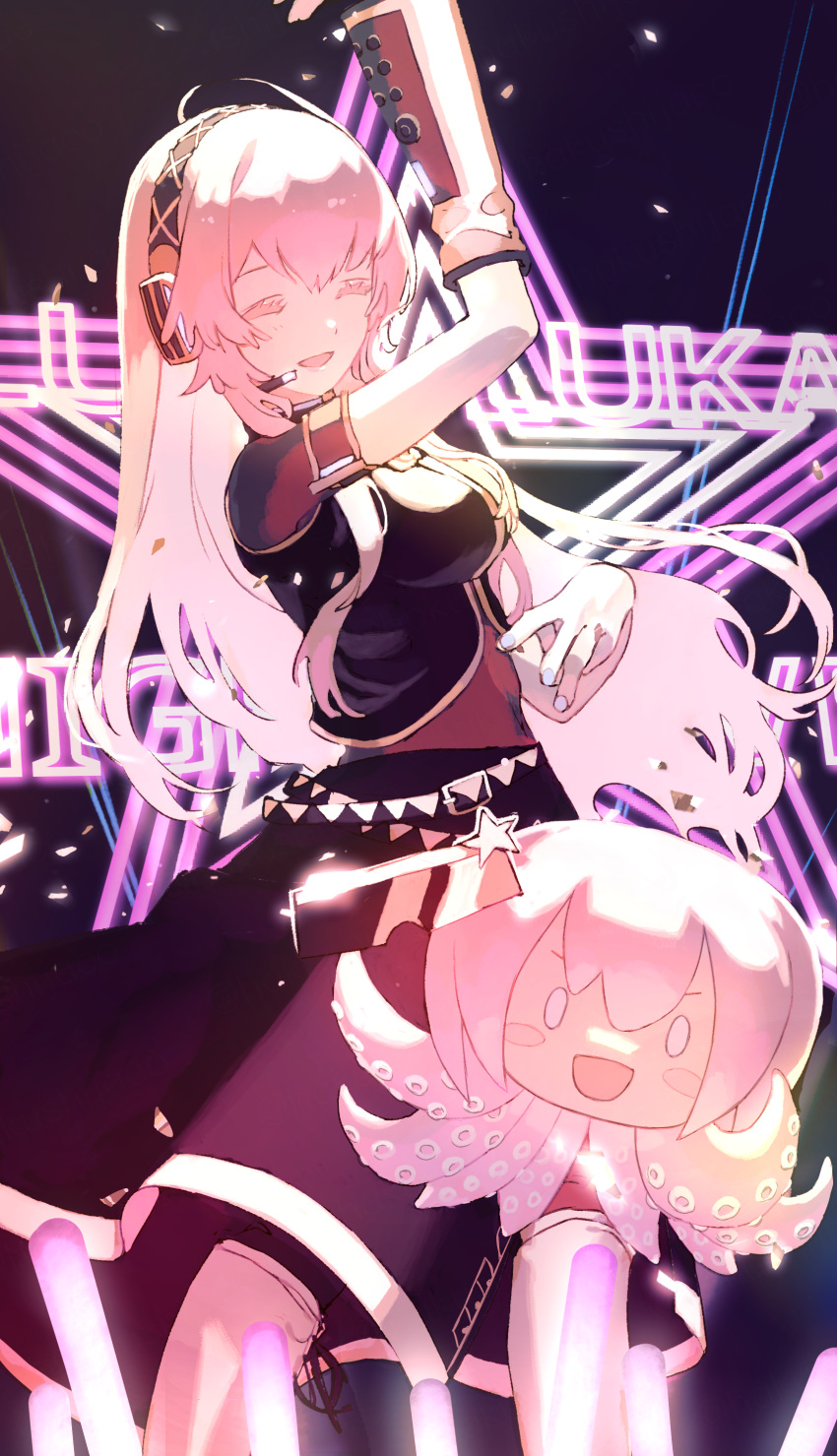 2girls absurdres aqua_nails arm_up belt belt_buckle black_skirt black_vest bodystocking boots breasts buckle closed_eyes commentary cross-laced_footwear detached_sleeves eyelashes glowstick hakushi_jaco headset highres knee_boots lace-up_boots large_breasts long_hair luka_luka_night_fever_(vocaloid) megurine_luka multiple_girls octopus open_mouth pink_hair project_diva_(series) see-through see-through_shirt short_sleeves sidelocks single_detached_sleeve skirt smile stage stage_lights standing star_(symbol) takoluka vest vocaloid