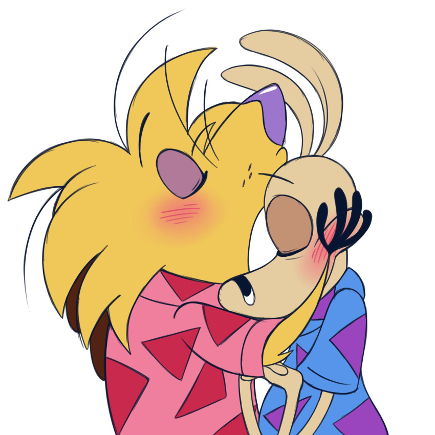 2023 8-bit-britt anthro beaver black_nose blonde_hair blue_clothing blue_shirt blue_topwear blush blush_lines clothing digital_media_(artwork) duo eyes_closed forehead_kiss fur hair hand_on_face hi_res kissing macropod male male/male mammal marsupial multicolored_clothing multicolored_shirt multicolored_topwear nickelodeon norbert_beaver pink_clothing pink_shirt pink_topwear purple_clothing purple_nose purple_shirt purple_topwear rocko's_modern_life rocko_rama rodent shirt side_view simple_background tan_body tan_ears tan_fur the_angry_beavers topwear two_tone_clothing two_tone_shirt two_tone_topwear wallaby white_background yellow_body yellow_fur