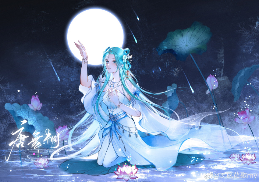 1girl absurdres blue_hair bracelet braided_hair_rings detached_sleeves douluo_dalu dress flower hand_on_own_chest hand_up highres jewelry kneeling leng_meng_yuan lily_pad long_hair lotus moon necklace night parted_lips second-party_source shooting_star solo tang_wutong_(douluo_dalu) teeth thighhighs water white_dress white_thighhighs