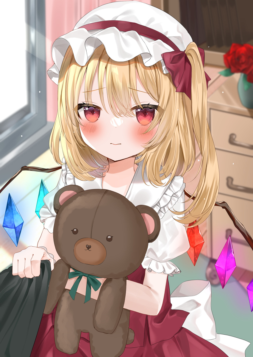 1boy 1girl absurdres blonde_hair blush crystal drawer flandre_scarlet flower frilled_shirt_collar frills hat highres holding holding_stuffed_toy indoors medium_hair mob_cap okome2028 one_side_up pink_eyes pov puffy_short_sleeves puffy_sleeves red_flower red_rose rose shirt_grab short_sleeves sidelighting solo_focus stuffed_animal stuffed_toy teddy_bear touhou vase window wings