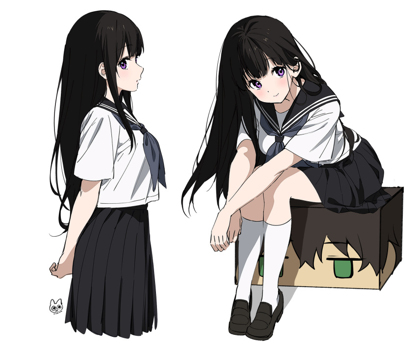 1girl artist_logo black_hair chitanda_eru from_side highres hyouka kamiyama_high_school_uniform_(hyouka) long_hair looking_at_viewer mery_(yangmalgage) oreki_houtarou purple_eyes sailor_collar school_uniform serafuku shirt shoes simple_background sitting skirt smile socks white_background white_socks