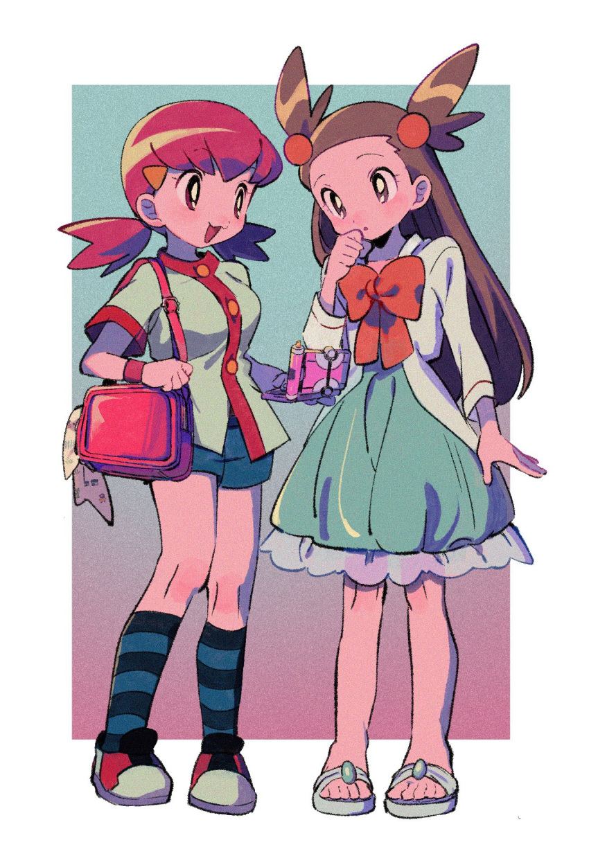2girls :d bag bow brown_eyes brown_hair buttons cardigan commentary dress eyelashes green_dress hair_ornament hairclip hand_up handbag highres holding jacket jasmine_(pokemon) kneehighs knees long_hair multiple_girls ok_ko19 open_mouth orange_bow parted_lips pink_hair pokemon pokemon_(game) pokemon_hgss sandals shoes shorts smile socks standing striped striped_socks toes twintails two_side_up white_cardigan whitney_(pokemon)