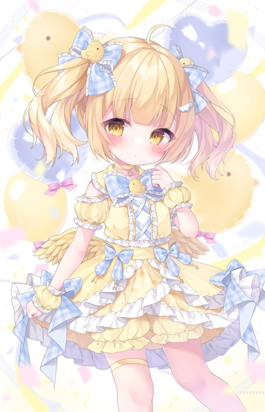 1girl :o ahoge balloon bird blonde_hair blue_bow blunt_bangs blush bow chick child choker dress feathered_wings female_child frilled_dress frills hair_bow hand_up heart heart_balloon highres looking_at_viewer low_wings momochi_chia open_mouth original pink_bow puffy_dress ribbon short_hair short_twintails solo thigh_strap twintails white_background wings wrist_cuffs yellow_choker yellow_eyes yellow_theme yellow_wings