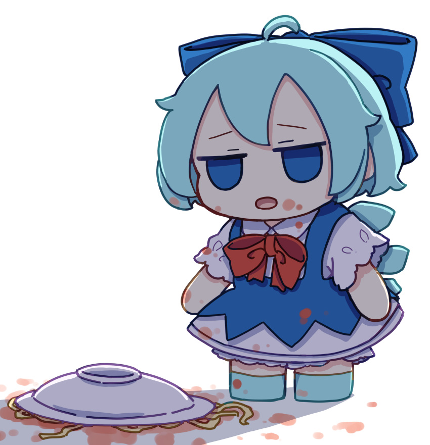 1girl absurdres ahoge blue_bow blue_dress blue_eyes blue_footwear blue_hair bow cirno collared_shirt dress fairy food food_on_clothes food_on_face fumo_(doll) hair_bow highres ice ice_wings kame_(kamepan44231) open_mouth pasta shirt shoes short_hair short_sleeves simple_background solo touhou white_background white_shirt wings