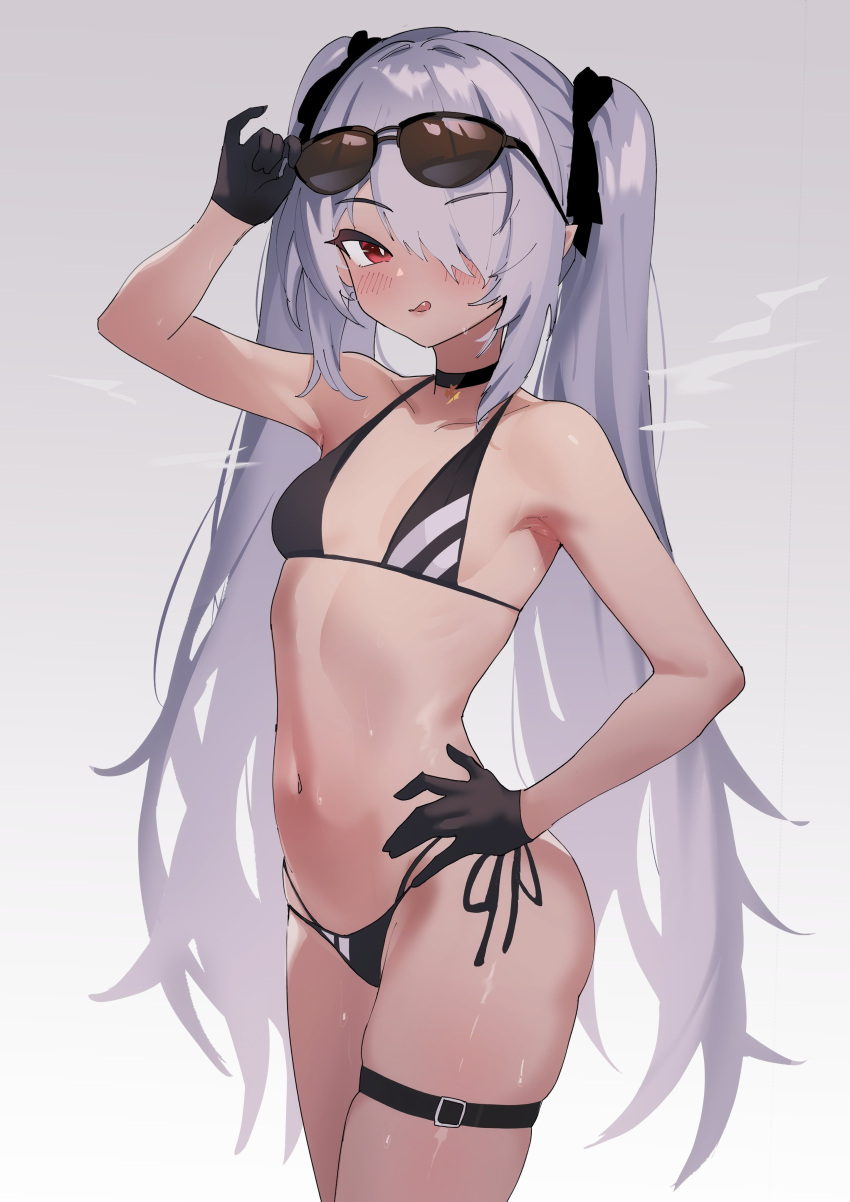1girl absurdres bikini black_bikini black_gloves black_ribbon blue_archive blush closed_mouth eyewear_on_head gloves grey_hair hair_over_one_eye hair_ribbon halo highres iori_(blue_archive) kladd long_hair looking_at_viewer red_eyes ribbon simple_background smile solo standing sunglasses swimsuit thigh_strap tongue tongue_out twintails very_long_hair