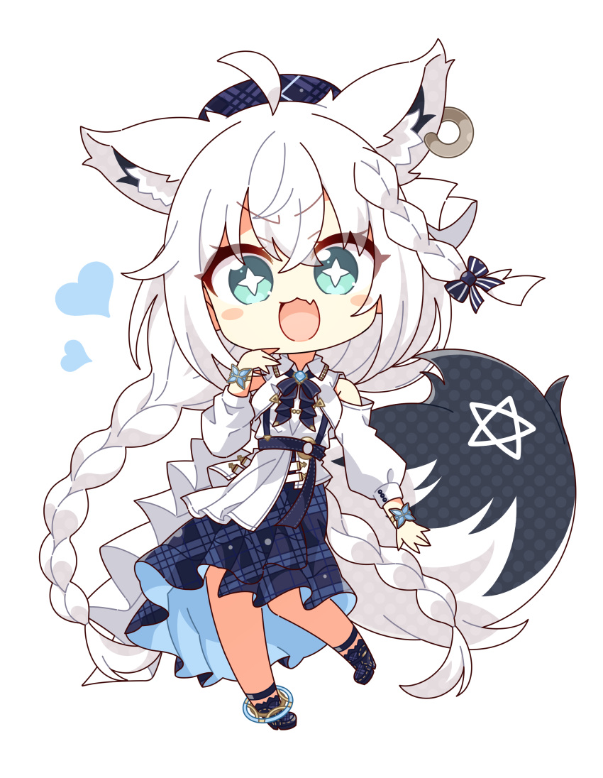 +_+ 1girl 7:08 absurdres ahoge animal_ear_fluff animal_ears ascot beret blue_ascot blue_headwear blue_journey_(hololive) blue_skirt blush braid chibi commentary_request earrings fang fox_ears fox_girl fox_tail green_eyes hair_between_eyes hat heart highres hololive jewelry long_hair long_skirt looking_at_viewer open_mouth pentagram shirakami_fubuki shirt sidelocks simple_background single_braid skin_fang skirt solo tail twin_braids virtual_youtuber white_background white_hair white_shirt