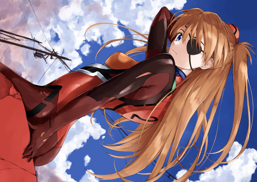 1girl arm_at_side arm_support arm_up blue_eyes blue_sky breasts closed_mouth cloud commentary cowboy_shot day dutch_angle evangelion:_3.0_you_can_(not)_redo expressionless eyebrows_hidden_by_hair eyelashes eyepatch floating_hair from_side hair_between_eyes highres long_hair looking_at_viewer neon_genesis_evangelion nose one_eye_covered orange_hair outdoors plugsuit rebuild_of_evangelion sitting sky small_breasts solo souryuu_asuka_langley straight_hair two_side_up very_long_hair yanagi_marie