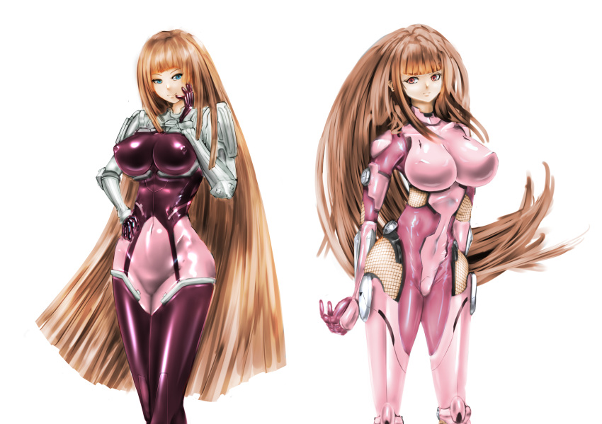 2girls blue_eyes blunt_bangs blunt_ends bodysuit breasts brown_hair closed_mouth cosplay costume_switch covered_navel covered_nipples crossover fishnet_fabric highres impossible_bodysuit impossible_clothes ken_marinaris koukawa_asuka large_breasts light_brown_hair long_hair look-alike looking_at_viewer monster_misosiru1000 multiple_girls pink_bodysuit red_bodysuit red_eyes shiny_clothes simple_background skin_tight smile standing taimanin_(series) taimanin_suit very_long_hair white_background zone_of_the_enders_2