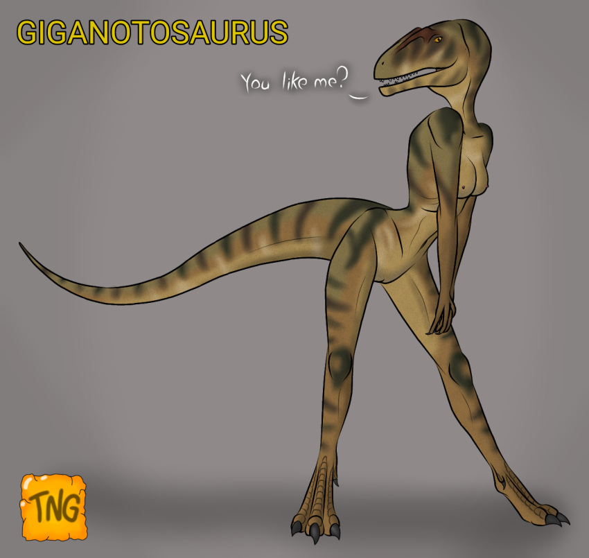anthro brown_body carcharodontosaurid dark_stripes dialogue dinosaur female giganotosaurus green_stripes hands_crossed hi_res leaning_over nude red_crest reptile scales scalie scaly_tail shy slim solo stripes tail the_nameless_guy theropod