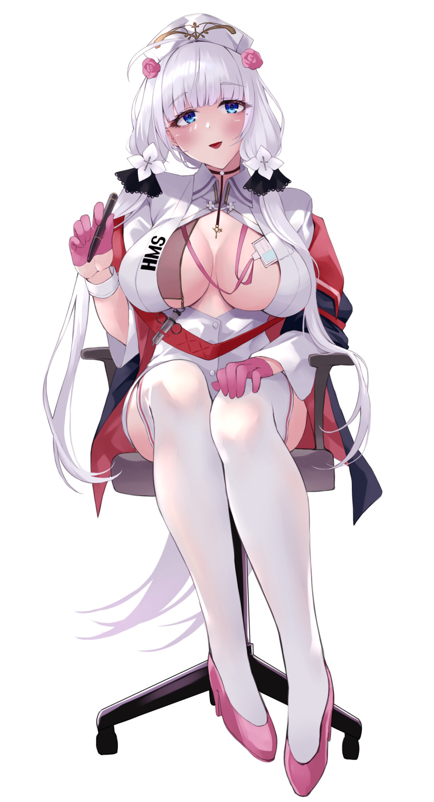 1girl alternate_costume azur_lane black_choker blue_eyes blush breasts choker cleavage cosplay full_body gloves hand_up hat highres holding illustrious_(azur_lane) large_breasts long_hair long_sleeves open_mouth perseus_(azur_lane) perseus_(azur_lane)_(cosplay) perseus_(unfamiliar_duties)_(azur_lane) pink_footwear pink_gloves simple_background sitting smile solo stool thighhighs wee_(weeyy) white_background white_headwear white_thighhighs