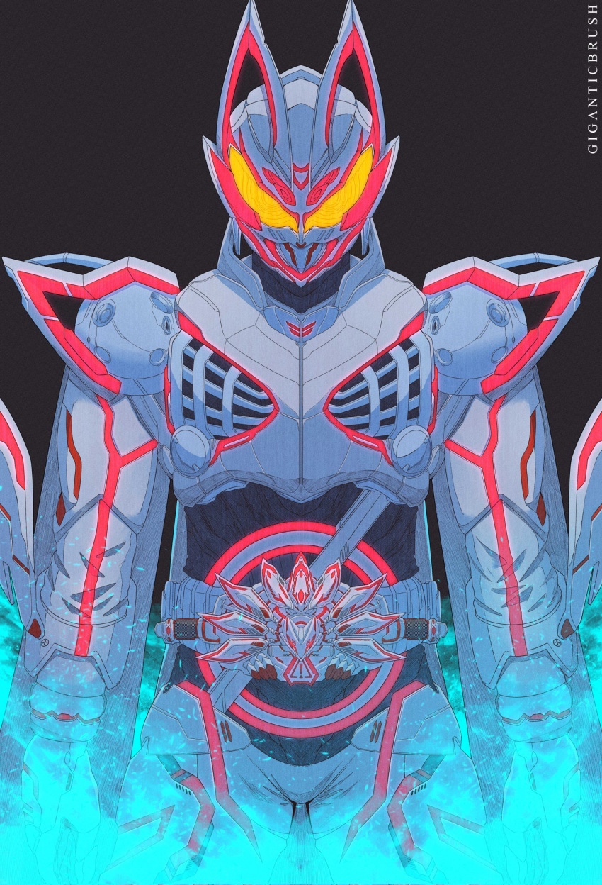 1boy adapted_costume armor black_background blue_fire boost_mark_ix_buckle cape commentary desire_driver driver_(kamen_rider) fire fox_mask full_body geats_buster_qb9 giganticbrush gunblade highres holding holding_weapon kamen_rider kamen_rider_geats kamen_rider_geats_(series) kamen_rider_geats_ix male_focus mask simple_background solo straight-on tokusatsu weapon yellow_eyes