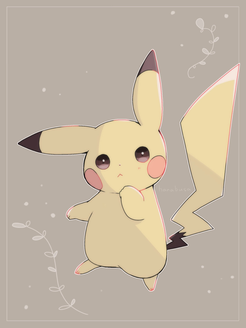 animal_focus artist_name border closed_mouth colored_skin commentary_request dot_nose grey_background hanabusaoekaki highres no_humans pikachu pokemon pokemon_(creature) simple_background solid_circle_eyes solo standing tail white_border yellow_skin