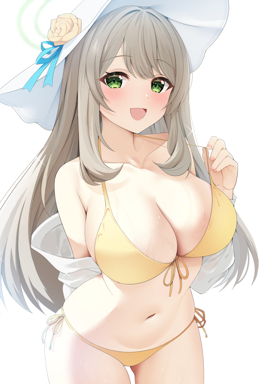 1girl :d absurdres arm_behind_back bikini blue_archive blush breasts cleavage collarbone flower green_eyes halo halterneck hat hat_flower highres jacket large_breasts leaning_forward light_brown_hair looking_at_viewer navel nonomi_(blue_archive) nonomi_(swimsuit)_(blue_archive) official_alternate_costume open_clothes open_jacket open_mouth rei_(ilust9999) revision rose side-tie_bikini_bottom sideboob simple_background smile solo stomach string_bikini sun_hat swimsuit white_background white_headwear yellow_bikini yellow_flower yellow_rose