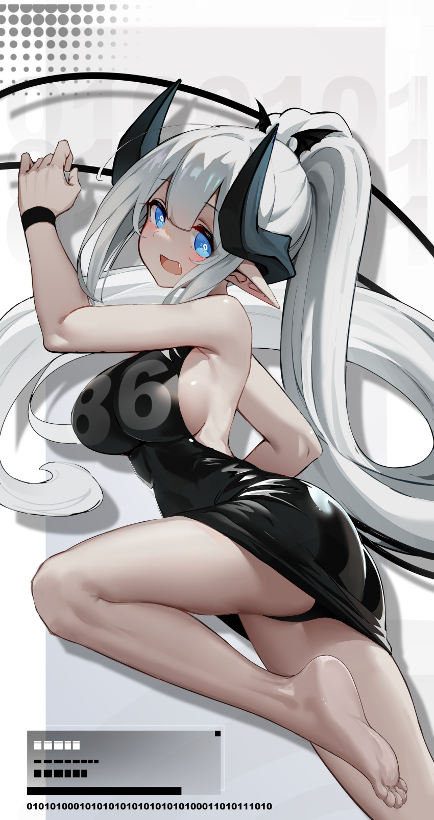 1girl absurdres bare_legs barefoot black_dress black_panties blue_eyes blush breasts demon_girl demon_horns demon_tail dress fang feet grey_hair highres horns huizhiyin large_breasts leg_up long_hair looking_at_viewer open_mouth original panties pantyshot pointy_ears ponytail sideboob sidelocks sleeveless sleeveless_dress soles solo tail toes underwear very_long_hair wristband