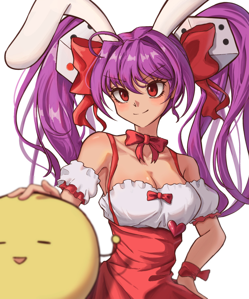 1girl absurdres animal_ears bow bowtie breasts cleavage closed_mouth di_gi_charat dice_hair_ornament hair_bow hair_ornament heart high-waist_skirt highres medium_breasts medium_hair petra_(jgc845601) purple_hair rabbit_ears red_bow red_eyes red_skirt simple_background skirt smile solo suspender_skirt suspenders twintails upper_body usada_hikaru white_background