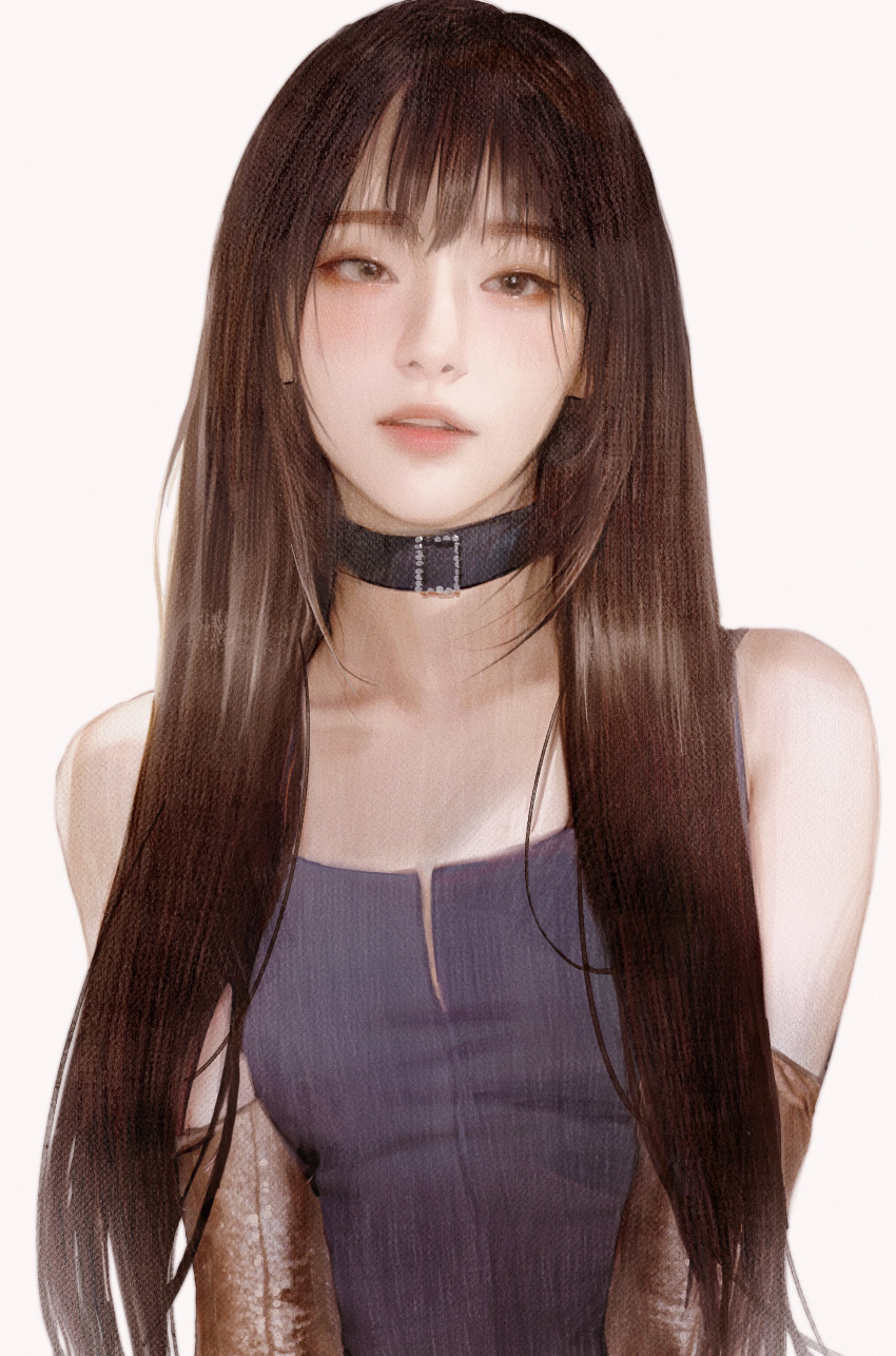1girl absurdres black_collar blush brown_eyes brown_hair collar collarbone detached_sleeves dress expressionless grey_dress head_tilt highres k-pop long_hair looking_at_viewer looking_to_the_side nagamerin parted_lips photorealistic real_life realistic red_velvet_(group) seulgi_(red_velvet) solo very_long_hair