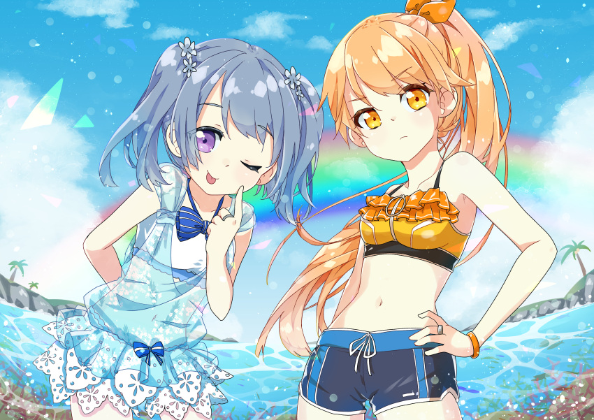 &gt;:( 2girls :p ;p absurdres arm_at_side arm_behind_back bikini bikini_shorts blue_bow blue_bowtie blue_hair blue_shirt blue_shorts blue_sky bow bowtie closed_mouth cloud coral cowboy_shot finger_to_cheek fish flower frilled_bikini frilled_shorts frills frown hair_flower hair_ornament hair_ribbon hand_on_own_hip highres jewelry kasane_ao kirari_hikaru long_hair magia_record:_mahou_shoujo_madoka_magica_gaiden mahou_shoujo_madoka_magica medium_hair megitti multiple_girls navel official_alternate_costume one_eye_closed orange_bracelet orange_hair orange_ribbon outdoors ponytail purple_eyes rainbow ribbon ring see-through see-through_shirt shirt short_shorts shorts sidelocks sky sleeveless sleeveless_shirt striped striped_bow striped_bowtie swept_bangs swimsuit tongue tongue_out twintails v-shaped_eyebrows very_long_hair water white_bikini white_shorts yellow_bikini yellow_eyes zipper_bikini