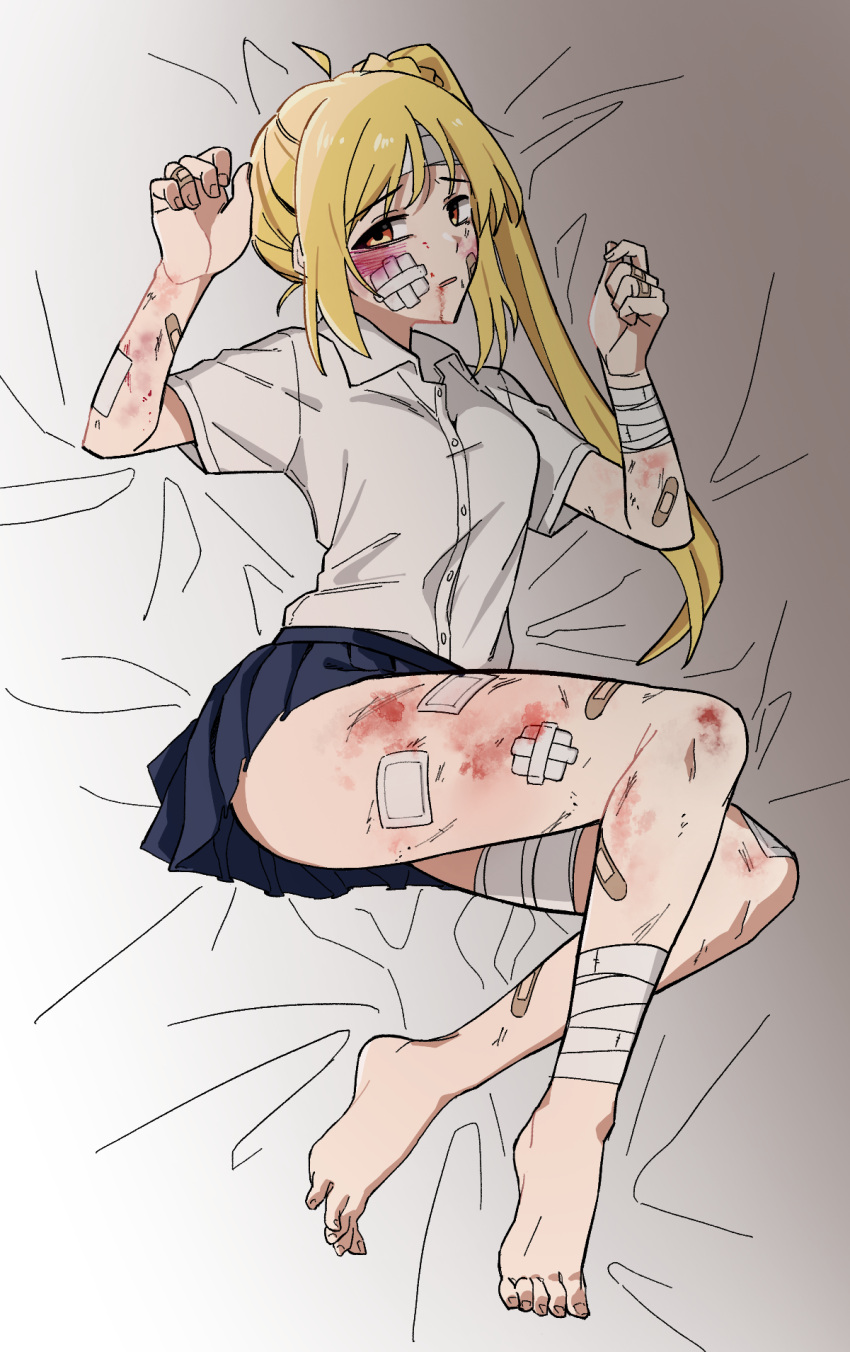 1girl ahoge bandaged_ankle bandaged_arm bandaged_head bandaged_leg bandages bandaid bandaid_on_arm bandaid_on_cheek bandaid_on_face bandaid_on_leg barefoot black_skirt blonde_hair blood blood_from_mouth bocchi_the_rock! breasts bruise bruise_on_face buttons collared_shirt commentary_request dress_shirt dried_blood full_body furrowed_brow gauze_on_cheek gauze_on_leg grey_shirt half-closed_eyes hands_up highres ijichi_nijika injury jaggy_lines korean_commentary looking_at_viewer lying medium_breasts miniskirt on_back on_bed orange_eyes parted_lips pleated_skirt raised_eyebrows ryona scared scratches shirt short_sleeves side_ponytail siribang1215 skirt solo wing_collar