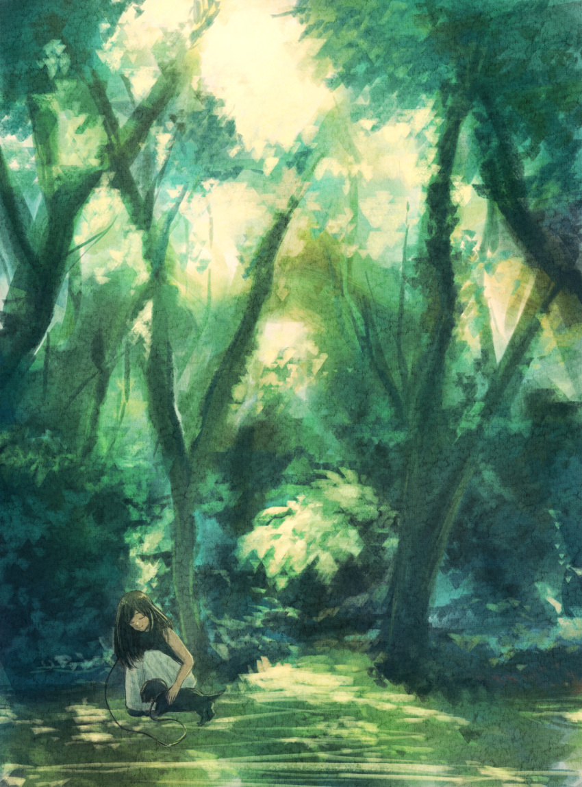 1girl brown_hair bush closed_eyes closed_mouth commentary_request dappled_sunlight day dog forest highres leash long_hair nature original outdoors petting sakurako_(user_tksr8842) scenery solo squatting sunlight tree wide_shot