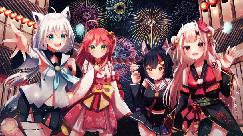 4girls ahoge animal_ear_fluff animal_ears bell black_hair black_shirt black_shorts blush braid commentary_request detached_sleeves double_bun earrings fireworks fox_ears fox_girl fox_tail green_eyes hair_bell hair_between_eyes hair_bun hair_ornament highres hololive hood hoodie horns japanese_clothes jewelry junineu kimono light_particles long_hair looking_at_viewer mask mask_on_head midriff multicolored_hair multiple_girls nakiri_ayame navel necktie night nontraditional_miko one_side_up oni_horns oni_mask ookami_mio open_hand open_mouth outstretched_arm pink_hair red_hair red_kimono red_necktie sakura_miko shirakami_fubuki shirt short_shorts shorts sidelocks single_braid smile streaked_hair tail thigh_strap virtual_youtuber white_hair white_hoodie wolf_ears wolf_girl