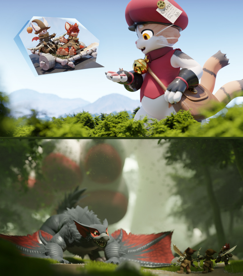 ambiguous_gender anthro capcom danger dragon extreme_size_difference feet felid felyne feral final_fantasy flying_wyvern foot_fetish forest group hi_res imminent_stomp looming looming_foot looming_over lynian macro mammal monster_hunter moogle nargacuga palico pawpads paws plant size_difference soles square_enix toes tooeks tree
