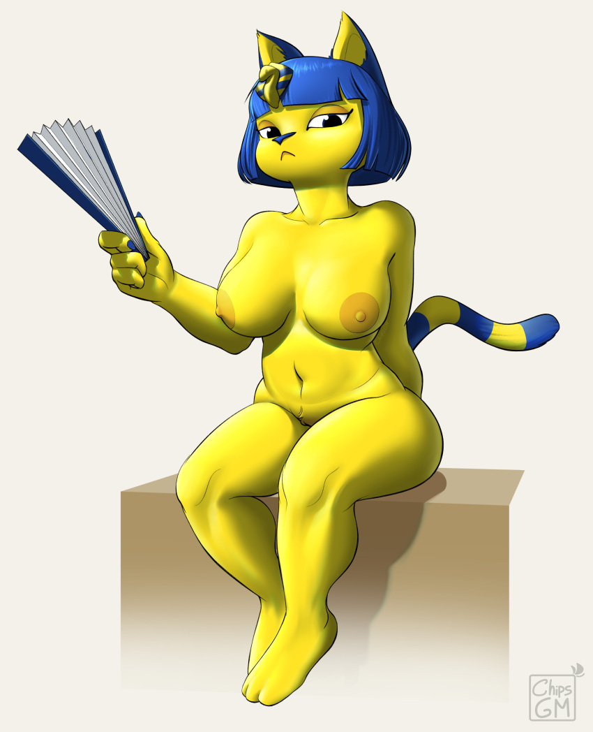 2023 absurd_res animal_crossing ankha_(animal_crossing) anthro big_breasts big_butt blue_hair breasts butt chipsgm digital_media_(artwork) domestic_cat feet felid feline felis female fur genitals hair hi_res huge_thighs jewelry looking_at_viewer mammal markings narrowed_eyes navel nintendo nipples nude pubes pussy short_stack simple_background sitting solo striped_markings striped_tail stripes tail tail_markings thick_thighs uraeus watermark white_background wide_hips yellow_body yellow_fur