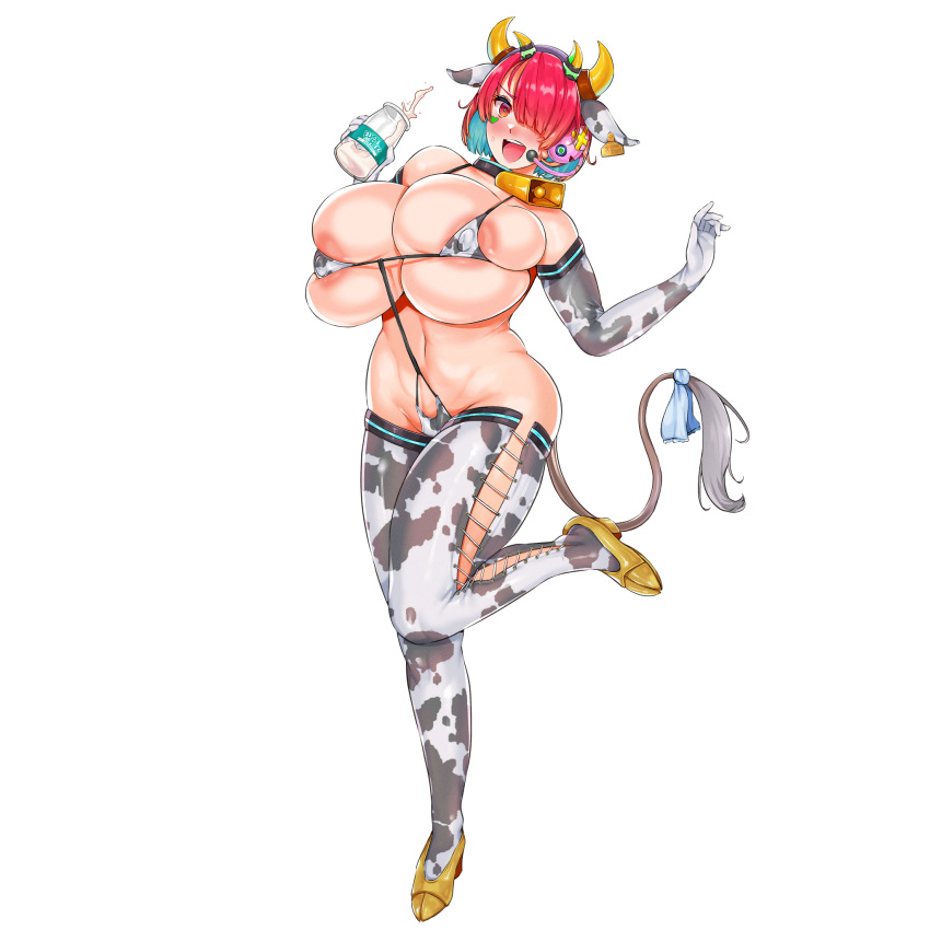 1girl 41_(taskmaster41) :d animal_ear_headwear animal_ears animal_print areola_slip bare_shoulders bell belly bikini black_collar blue_hair blue_ribbon blush bottle breasts collar colored_inner_hair covered_nipples cow_ears cow_horns cow_print cow_print_bikini cow_print_gloves cow_print_thighhighs cow_tail cowbell curvy ear_tag elbow_gloves english_text fake_animal_ears fake_horns fake_tail frilled_ribbon frills full_body gigantic_breasts gloves gold_footwear hair_over_one_eye headset heart_on_cheek high_heels highres holding holding_bottle hoof_shoes horns ignis_(last_origin) last_origin looking_at_viewer micro_bikini milk milk_bottle multicolored_hair multiple_horns navel official_alternate_costume official_art open_mouth red_eyes red_hair ribbon short_hair simple_background skindentation smile solo spilling standing standing_on_one_leg string_bikini sweatdrop swimsuit tachi-e tail teeth thick_thighs thighs third-party_source transparent_background two-tone_hair undersized_clothes upper_teeth_only v-shaped_eyebrows y-string yellow_horns