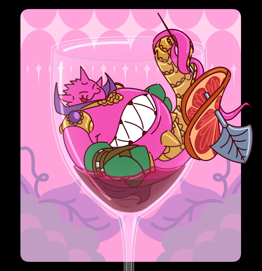 :3 alcohol anthro bacchusmon bandai_namco belly beverage container cup digimon drinking_glass glass glass_container glass_cup grin hi_res horn licking licking_lips male one-starry-knight overweight pink_body sharp_teeth smile solo stomach_mouth teeth tentacles tongue tongue_out wine wine_glass