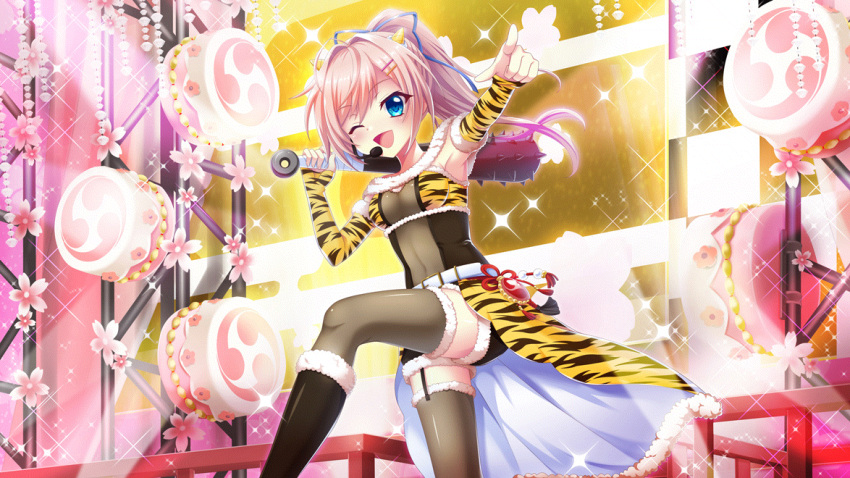 1girl animal_print armpits black_garter_straps blue_eyes blue_ribbon breasts club_(weapon) concert covered_navel detached_sleeves dot_nose dress drum film_grain flower from_below fur_trim game_cg garter_straps grey_leggings hair_intakes hair_ornament hair_ribbon hairclip headset high_ponytail holding holding_club holding_weapon instrument izumi_tsubasu leggings medium_breasts mitsudomoe_(shape) multicolored_clothes multicolored_dress non-web_source official_art oni_costume open_mouth pink_hair pointing railing re:stage! ribbon screen showgirl_skirt skin_tight smile solo sparkle spiked_club stage stage_lights tiger_print tomoe_(symbol) weapon white_trim zettai_ryouiki