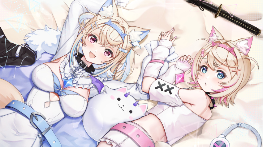 2girls animal_ear_fluff animal_ears arm_up black_collar blonde_hair blue_eyes blue_hair blue_nails blush breasts cleavage_cutout clothing_cutout collar cropped_shirt dog_ears dog_girl dog_tail dress fangs frilled_shorts frills fur-trimmed_jacket fur_trim fuwawa_abyssgard hair_ornament hairpin headphones headphones_removed highres hololive hololive_english jacket jacket_removed large_breasts long_hair looking_at_viewer medium_hair mococo_abyssgard monkey1468 multicolored_hair multiple_girls open_mouth perroccino_(fuwamoco) pink_eyes pink_hair pink_nails shirt shorts siblings sidelocks sisters skin_fangs small_breasts smile spiked_collar spikes streaked_hair sword tail twins two_side_up virtual_youtuber weapon white_dress white_shirt white_shorts x_hair_ornament