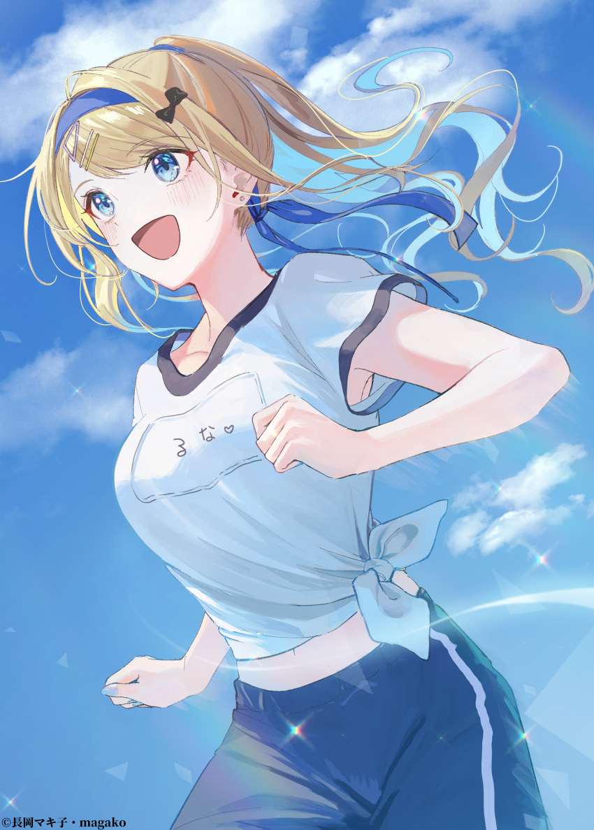 absurdres blonde_hair blue_eyes blue_hairband blue_nails blue_pants blue_ribbon bow breasts collarbone copyright cowboy_shot earrings hair_bow hair_ribbon hairband high_ponytail highres jewelry keikenzumi_na_kimi_to_keiken_zero_na_ore_ga_otsukiai_suru_hanashi. large_breasts long_hair looking_ahead magako multiple_hairpins name_tag official_art open_mouth outdoors pants promotional_art ribbon runa_shirakawa running shirt sky tented_shirt white_shirt