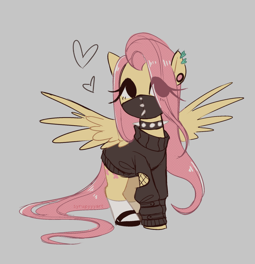 &lt;3 black_clothing black_sweater black_topwear clothing collar cutie_mark ear_piercing equid equine eyelashes female fishnet fluttershy_(mlp) footwear friendship_is_magic gauged_ear hair hasbro hi_res horse long_eyelashes mammal mary_janes multiple_piercings my_little_pony piercing pink_hair pony shoes socks solo spiked_collar spiked_mask spikes sweater syrupyyy topwear white_clothing white_footwear white_socks wings yellow_body