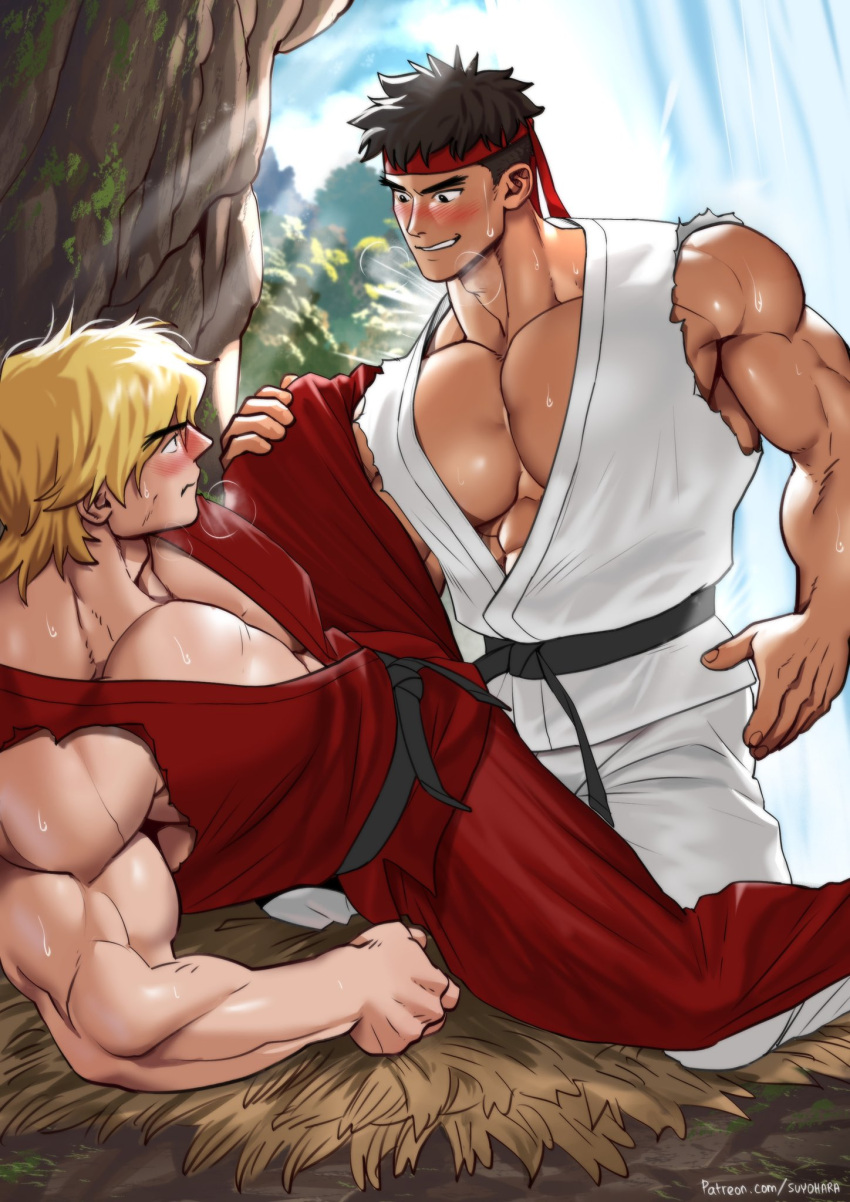 2boys abs bara black_hair blonde_hair blush cloud day dougi headband highres ken_masters large_pectorals leg_up looking_at_another male_focus multiple_boys muscular muscular_male outdoors paid_reward_available patreon_username pectorals red_headband ryu_(street_fighter) short_hair sky smile street_fighter street_fighter_ii_(series) suyohara teeth torn_clothes yaoi