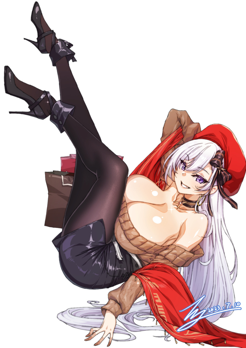 1girl ankle_strap azur_lane belfast_(azur_lane) belfast_(shopping_with_the_head_maid)_(azur_lane) black_footwear black_pantyhose black_skirt breasts cleavage commission dated english_commentary full_body grey_hair grin hat high_heels highres huge_breasts legs looking_at_viewer off-shoulder_sweater off_shoulder official_alternate_costume pantyhose pixiv_commission purple_eyes rantia signature simple_background skirt smile solo sweater white_background