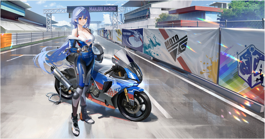 1girl artist_request azur_lane blue_bodysuit blue_hair bodysuit breasts cleavage closed_eyes eagle_union_(emblem) essex_(azur_lane) essex_(the_gale_of_course_88)_(azur_lane) helmet highres large_breasts logo long_hair motor_vehicle motorcycle motorcycle_helmet official_art product_placement race_queen racetrack racing_suit sports_bra tree unzipped yamaha yamaha_yzf-r1