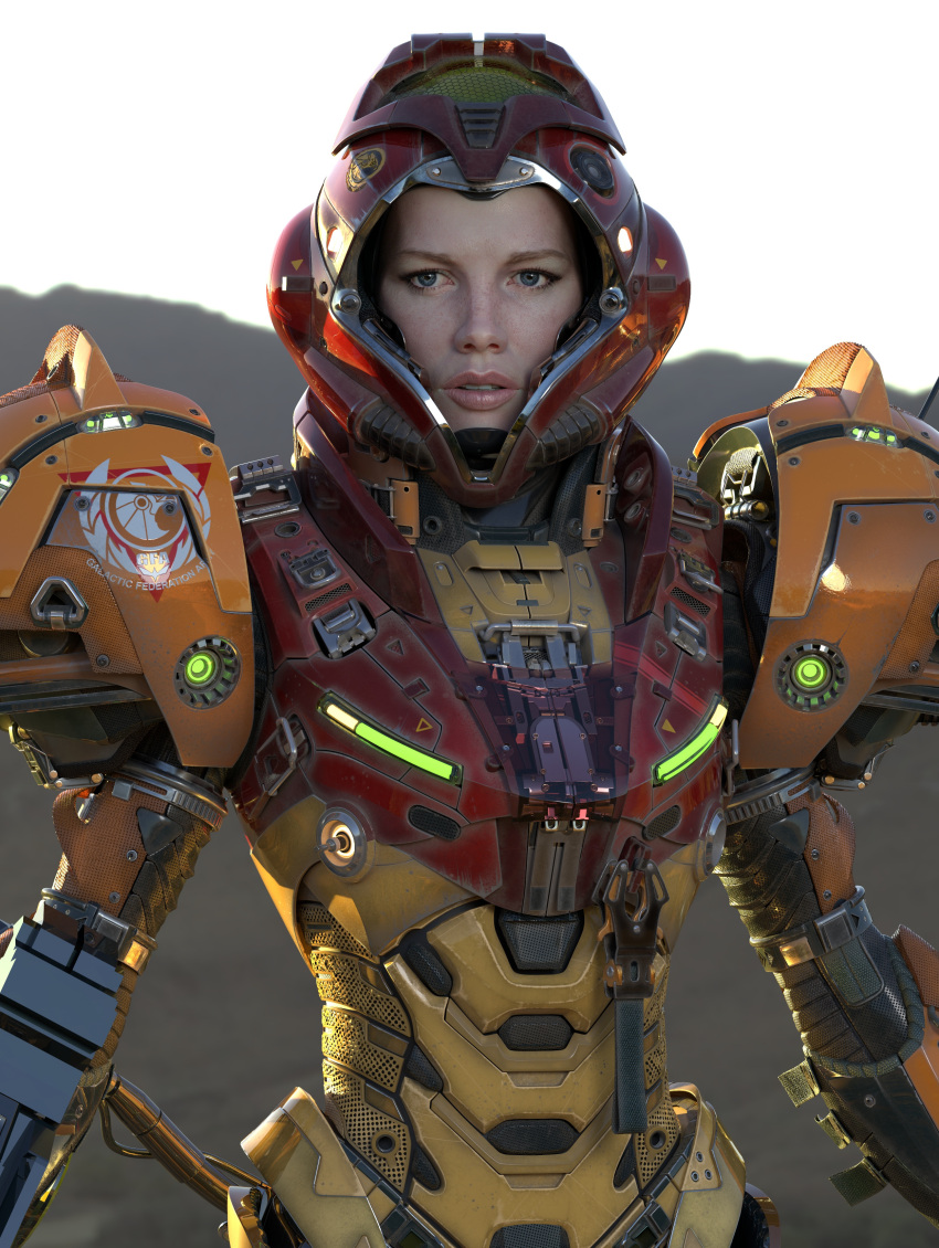 1girl 3d absurdres armor blue_eyes emblem helmet highres kim_basinger light lips looking_at_viewer luis_nieves machinery maya_(medium) mecha metroid metroid_(classic) mountainous_horizon photorealistic portrait power_armor realistic robot roundel samus_aran science_fiction sunlight super_metroid varia_suit zbrush_(medium)