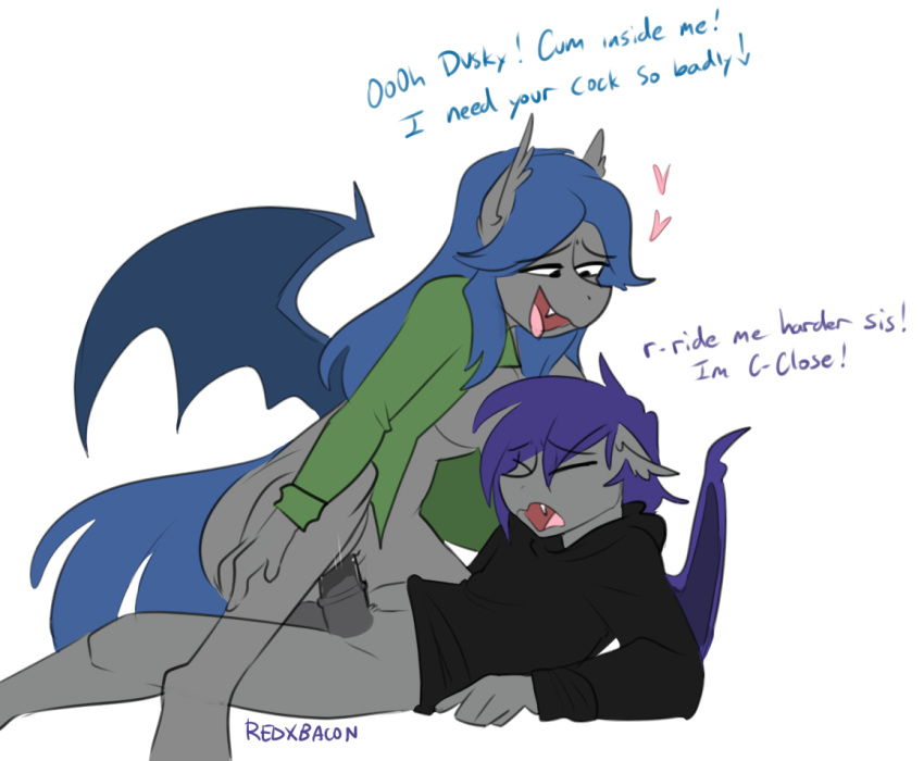 anthro bat_pony brother_(lore) brother_and_sister_(lore) clothed clothing cowgirl_position dialogue duo dusk_rhine equid fan_character female female_on_top from_front_position happy happy_sex hasbro incest_(lore) male mammal my_little_pony on_bottom on_top partially_clothed racket_rhine redxbacon sex sibling_(lore) simple_background sister_(lore) vaginal white_background