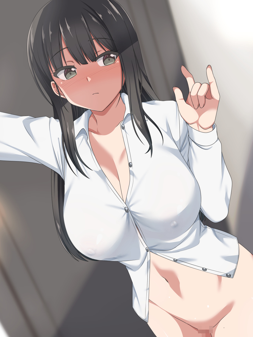 1girl absurdres arm_up black_hair blush bottomless breasts censored cleavage closed_mouth collarbone collared_shirt commentary_request curtains grey_eyes hand_gesture hand_up highres indoors karakuri_musha large_breasts long_hair long_sleeves looking_away mole mole_on_thigh mosaic_censoring naked_shirt navel original shirt solo sweat white_shirt