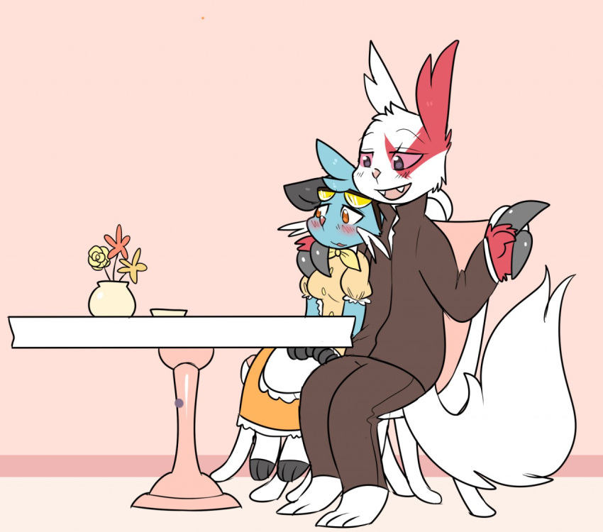 anthro arm_around_shoulders black_body black_fur blue_body blue_fur blush cafe chair clothed clothing colored dewott dress duo eyewear female fur furniture generation_3_pokemon generation_5_pokemon gesture happy kipaki maid_cafe maid_uniform male nintendo pointing pokemon pokemon_(species) red_body red_fur sitting sitting_together size_difference smaller_female sunglasses table tail uncomfortable uniform whiskers white_body white_fur zangoose