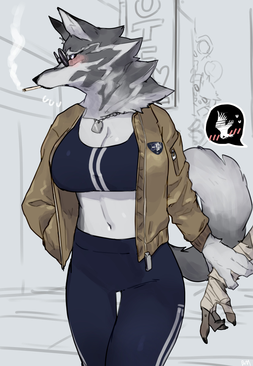 absurd_res ambiguous_gender anthro buta99 canid canine canis claws clothed clothing duo eyewear female finger_claws fur glasses grey_body grey_fur hand_holding hi_res mammal rusty_(armored_core) smoking wolf