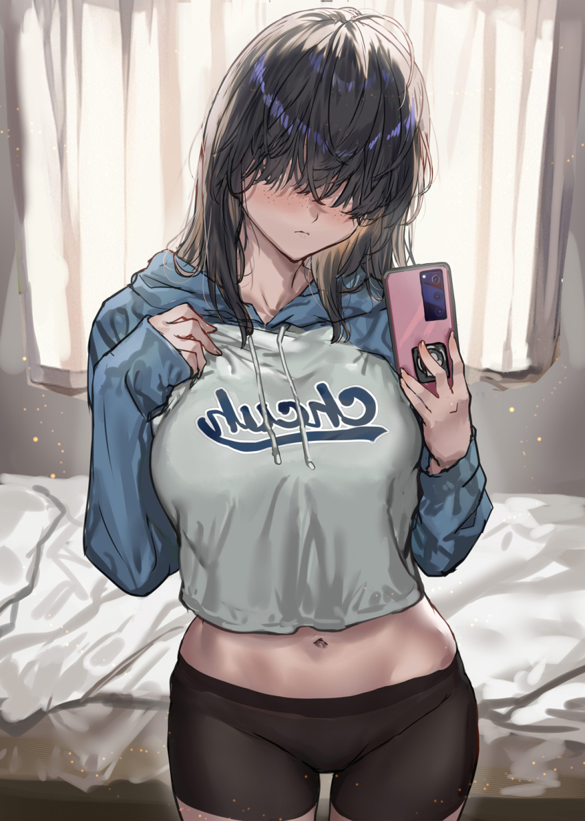 1girl black_hair blush cellphone closed_mouth commentary_request cowboy_shot freckles hair_over_eyes highres holding holding_phone indoors long_sleeves medium_hair navel original phone ran'ou_(tamago_no_kimi) smartphone solo sweater