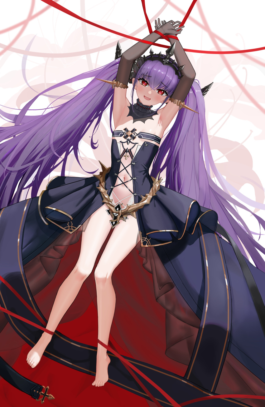 1girl absurdres armpits arms_up azur_lane barefoot black_collar black_dress black_gloves blush bound bound_wrists breasts center_opening collar commentary_request cross crossed_bangs detached_collar dress elbow_gloves fang felix_schultz_(azur_lane) full_body gloves hair_between_eyes highres iron_cross long_hair looking_at_viewer navel open_mouth partial_commentary purple_hair qingyuexin red_eyes revealing_clothes showgirl_skirt skin_fang small_breasts smile solo strap toes twintails very_long_hair