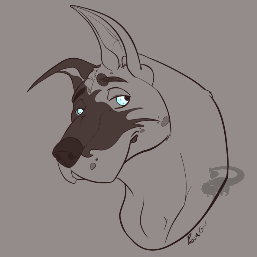 anthro black_nose blue_eyes bust_portrait canid canine canis carbide dewlap_(anatomy) domestic_dog great_dane harlequin hi_res jowls male mammal mastiff minimal_color molosser portrait possumgod prick_ears relaxed_expression sketch solo