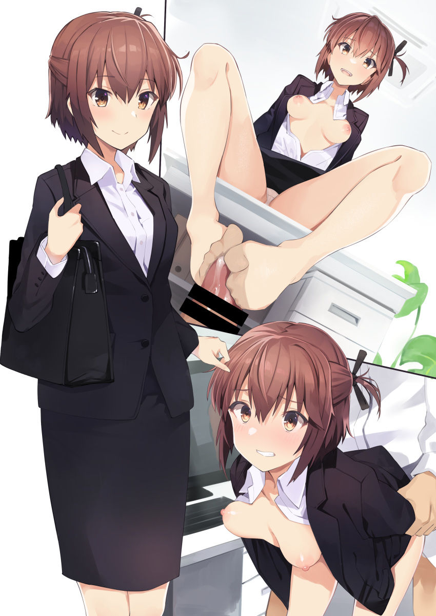 1boy 1girl absurdres bag bar_censor black_bag black_jacket black_ribbon black_skirt blazer blush bouncing_breasts breasts brown_hair buttons censored closed_mouth clothed_sex collared_shirt cum_on_penis desk dress_shirt etou_kanami footjob hair_between_eyes hair_ribbon hetero highres hitoiki holding holding_bag jacket long_sleeves medium_breasts monitor nipples office_lady open_clothes open_jacket open_mouth open_shirt panties pantyshot ribbon sex sex_from_behind shirt short_hair sidelocks skirt smile toji_no_miko underwear white_panties white_shirt yellow_eyes