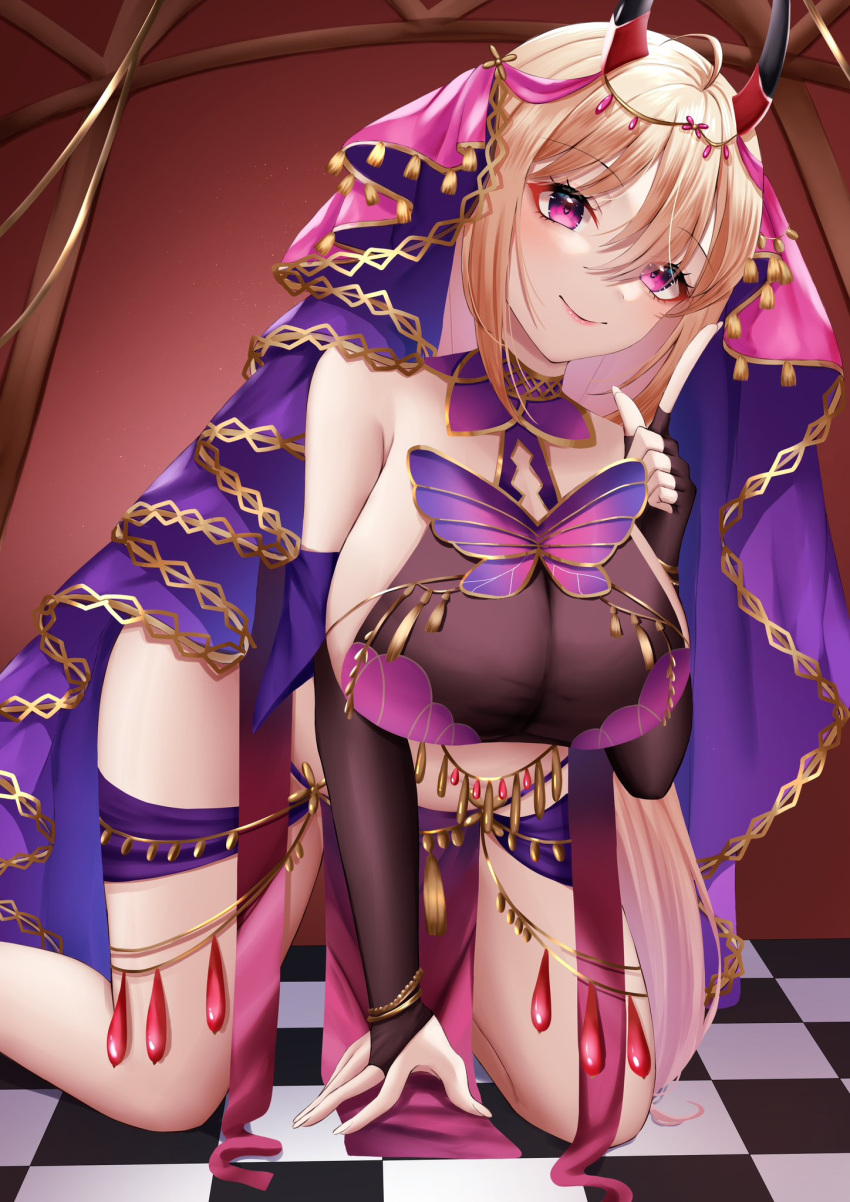 1girl all_fours arabian_clothes azur_lane bare_shoulders black_gloves blonde_hair breasts bridal_gauntlets bug butterfly chain checkered_floor closed_mouth crop_top dancer detached_collar elbow_gloves gloves gold_chain gold_trim hair_between_eyes hanging_breasts harem_outfit highres horns indoors jewelry kneeling konparu_uran kumano_(azur_lane) kumano_(one_thousand_and_one_nights'_wishes)_(azur_lane) large_breasts long_hair looking_at_viewer midriff official_alternate_costume on_floor oni_horns pelvic_curtain pink_eyes purple_butterfly purple_eyes red_horns revealing_clothes sideboob smile solo thighs tile_floor tiles veil very_long_hair