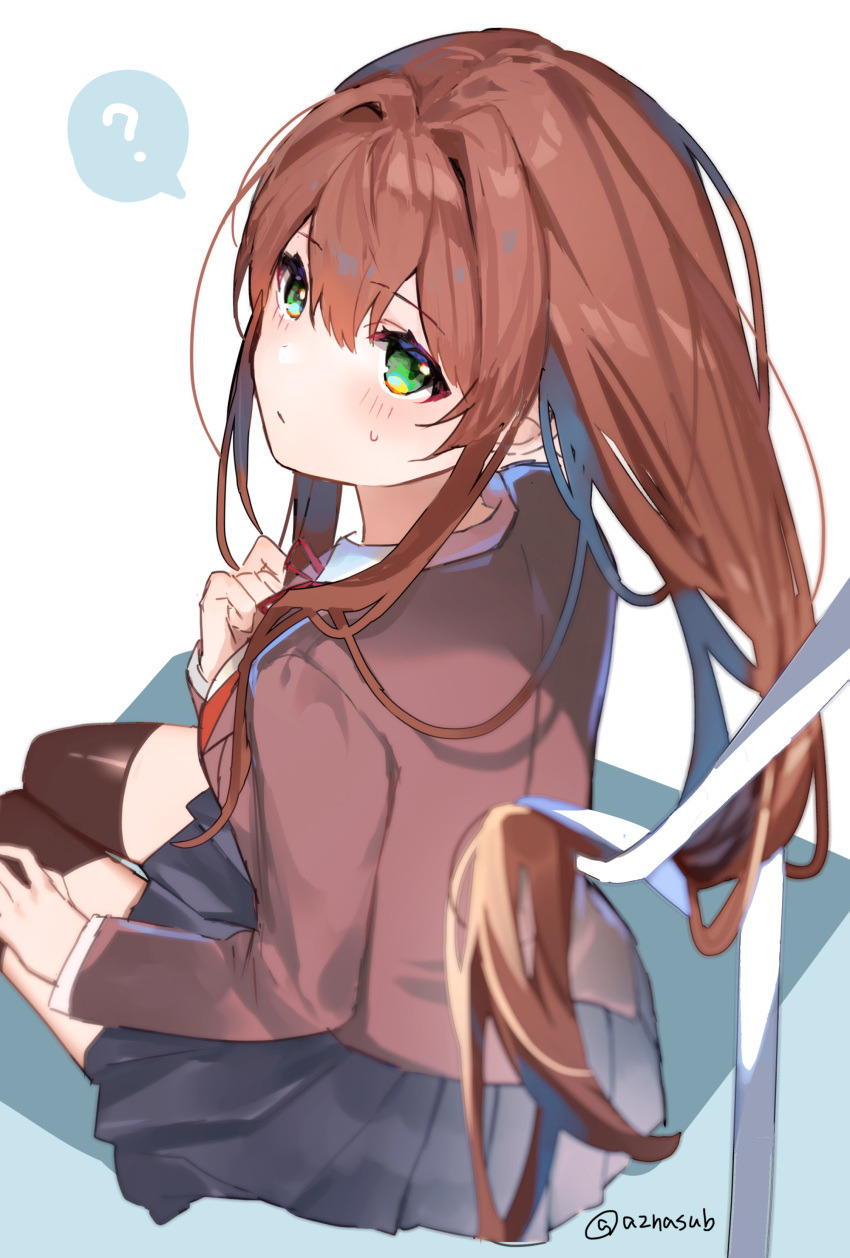 1girl ? absurdres azna black_skirt black_thighhighs breasts brown_hair brown_jacket closed_mouth commentary_request doki_doki_literature_club green_eyes hair_between_eyes hair_down hair_ribbon highres jacket long_hair long_sleeves looking_at_viewer looking_back monika_(doki_doki_literature_club) partial_commentary pleated_skirt ribbon school_uniform simple_background sitting skirt solo spoken_question_mark sweat thighhighs twitter_username white_ribbon