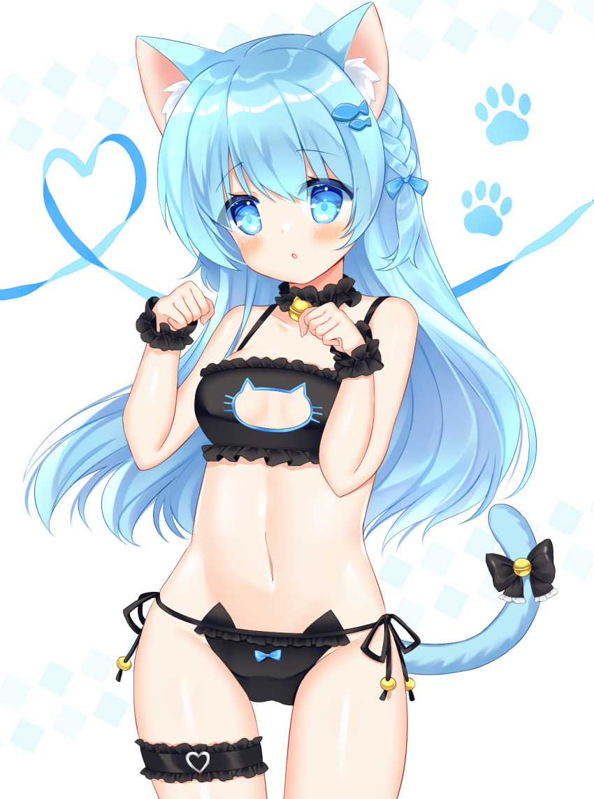 1girl :o animal_ear_fluff animal_ears bare_shoulders bell black_bra black_panties blue_eyes blue_hair blush bra braid cat_cutout cat_ear_panties cat_ears cat_girl cat_lingerie cat_tail cleavage_cutout clothing_cutout commentary_request fish_hair_ornament frilled_bra frilled_panties frills hair_between_eyes hair_ornament highres jingle_bell long_hair looking_at_viewer meme_attire navel neck_bell original panties parted_lips paw_pose shikito side-tie_panties simple_background solo standing tail underwear underwear_only very_long_hair white_background wrist_cuffs
