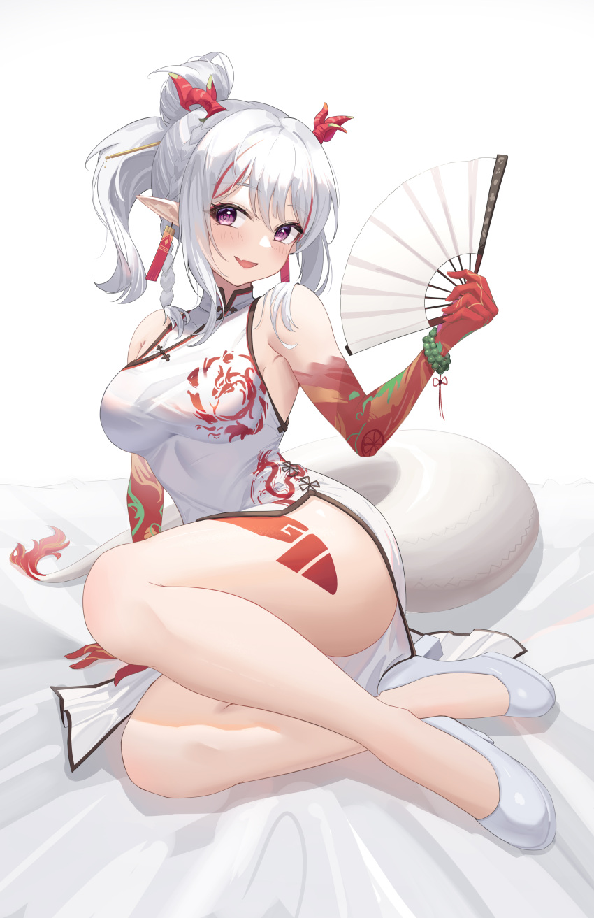 1girl :d absurdres arknights bare_shoulders bead_bracelet beads bracelet braid china_dress chinese_clothes colored_skin commentary_request dragon_girl dragon_horns dragon_print dragon_tail dress earrings fang fiery_tail folding_fan full_body hand_fan highres holding holding_fan horns jewelry leg_tattoo legs long_hair looking_at_viewer nian_(arknights) nian_(unfettered_freedom)_(arknights) official_alternate_costume on_bed open_mouth ponytail purple_eyes red_horns red_skin shoes single_braid skin_fang sleeveless sleeveless_dress smile solo styx tail tattoo white_background white_dress white_footwear white_hair